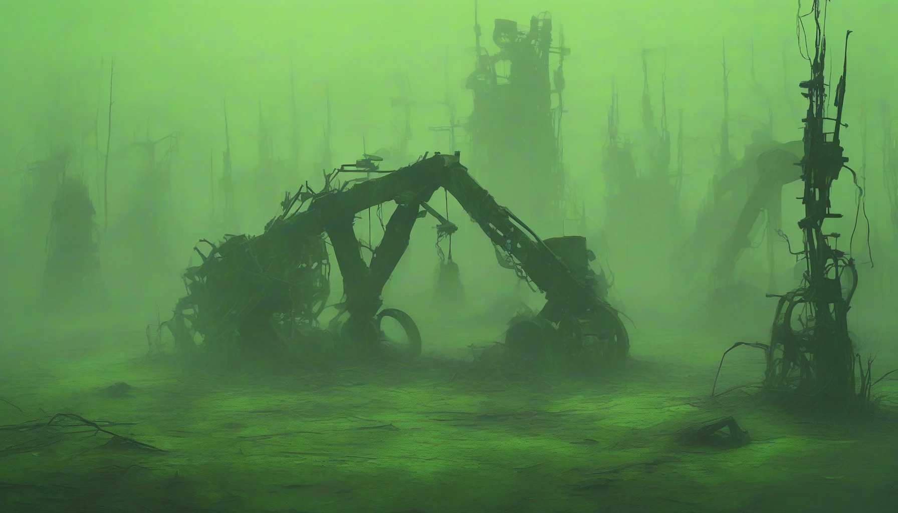 Envision a desolate wasteland, where the cracked earth is shrouded in a thick, glowing green fog that pulsates with an eerie light. Skeletons of rusted machinery rise from the ground, their angular forms barely visible through the haze. The air is heavy with a sense of foreboding, as the faint silhouettes of mutated vegetation struggle to survive. Shadows dance in the fog, hinting at the remnants of a world long abandoned.