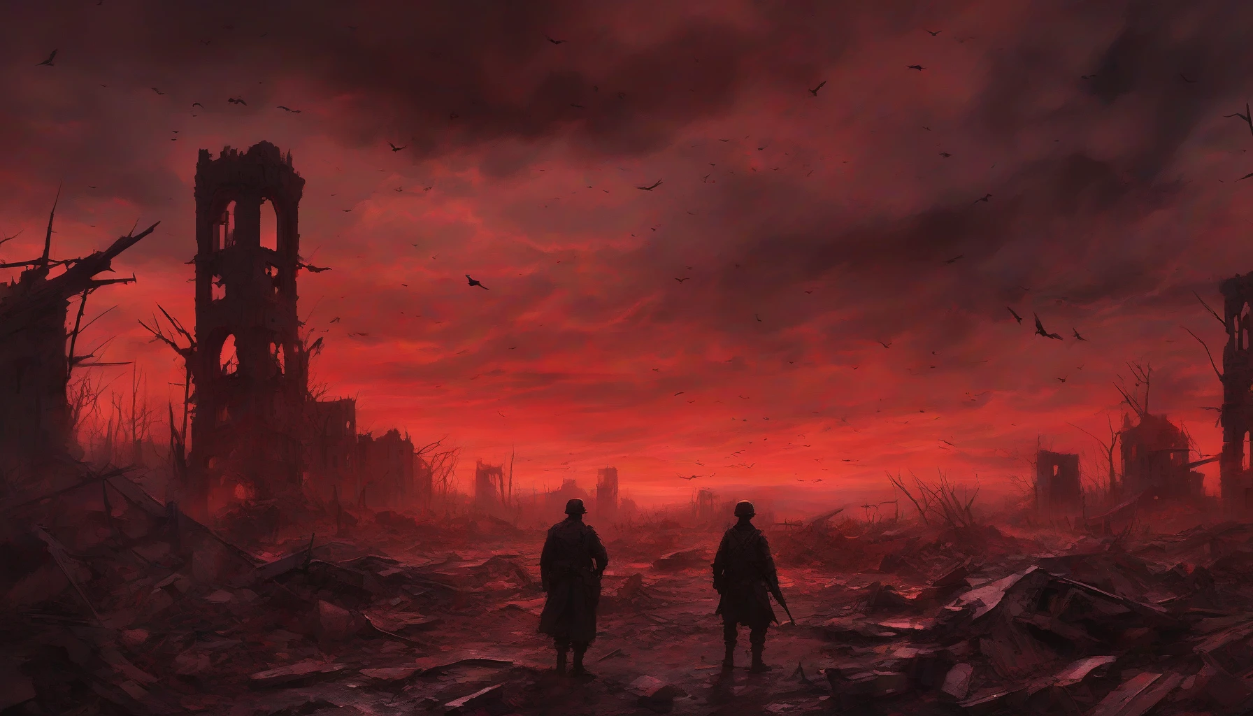 A haunting battlefield unfolds beneath a dramatic red sky, where deep crimson hues blend with dark clouds, casting an eerie glow on the shattered remnants of war. Jagged silhouettes of destroyed buildings stand like tombstones, while scattered debris reflects the chaotic past. In the distance, shadowy figures navigate through the desolation, evoking a somber yet captivating aura of survival amid devastation.