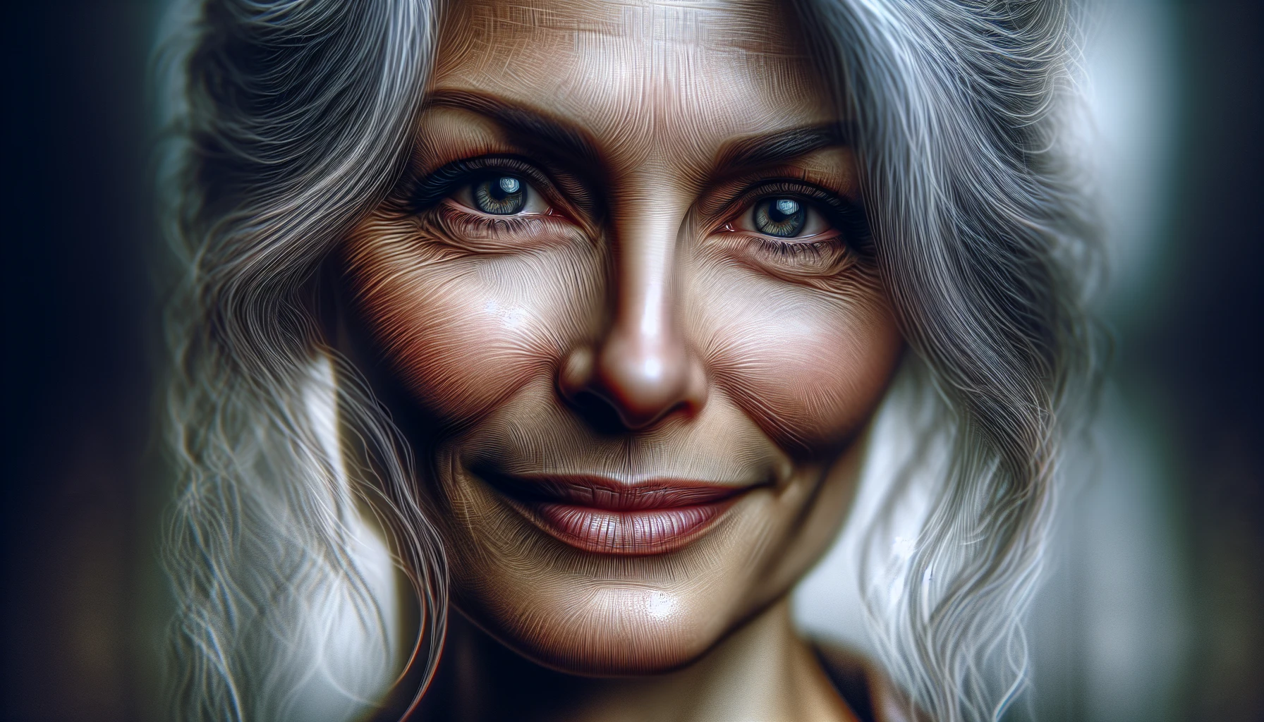 Capture the essence of humanity through a strikingly realistic portrait that showcases intricate details of facial features, textures, and expressions. The subject, a middle-aged woman with deep-set eyes and silver-streaked hair, stands against a soft, blurred background that enhances her presence. Light plays delicately across her skin, revealing age lines as stories, while her warm smile invites viewers to connect with her world and emotions.