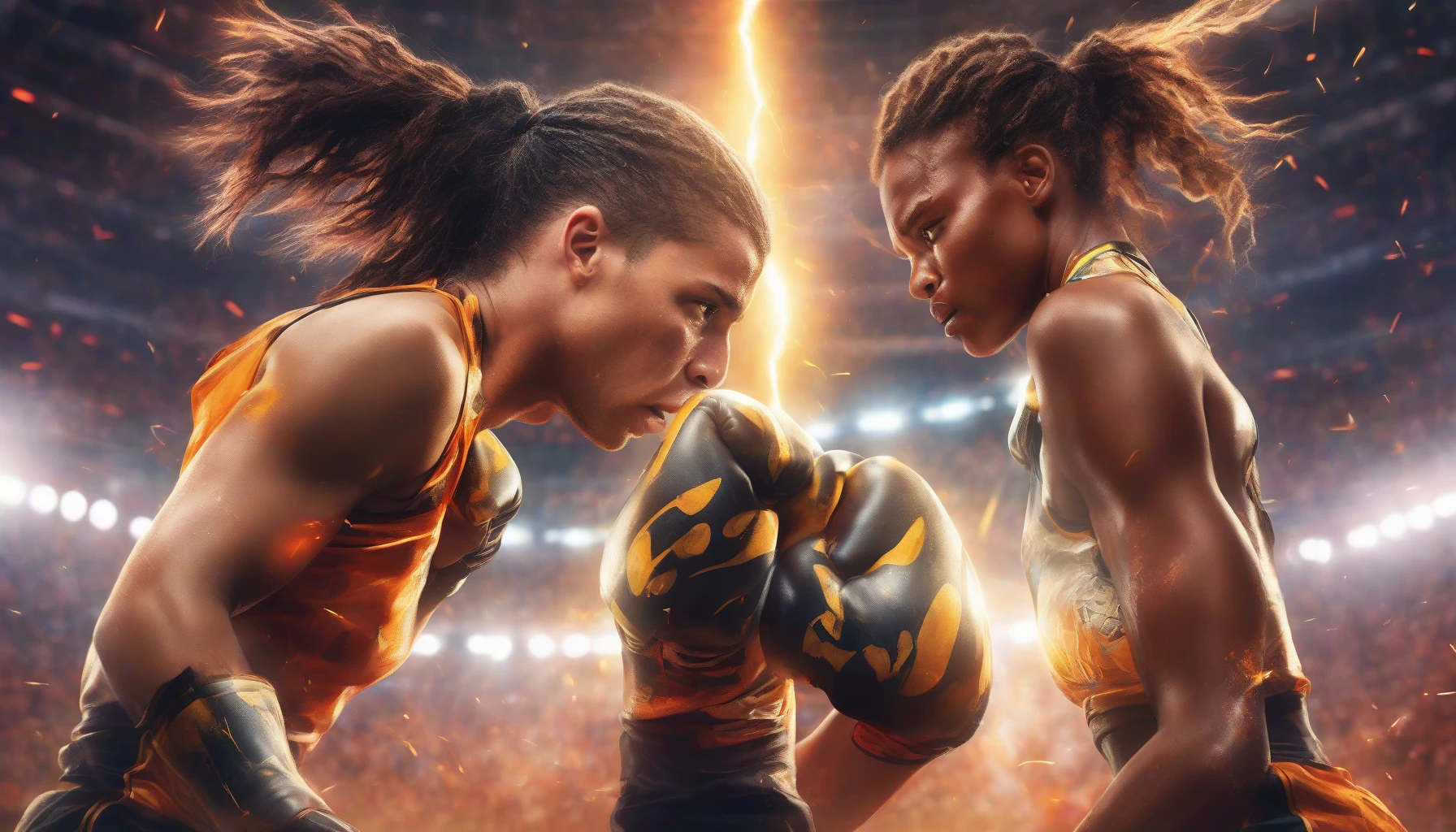 In a vibrant sports arena, two fierce athletes stand face to face, their intense gazes locked in a battle of wills. The electrifying atmosphere is palpable, with fans cheering wildly in the background. One athlete, clad in a futuristic jersey, clenches their fists, embodying determination, while the other, exuding charisma, smirks confidently. Fiery energy swirls around them, symbolizing their rivalry and the unyielding spirit of competition.