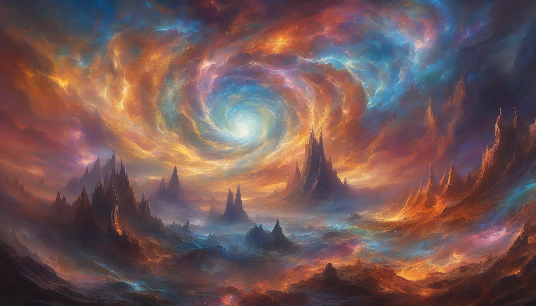 Witness a breathtaking scene where a dimensional rift tears through the sky, its vibrant colors swirling in an otherworldly dance. Jagged edges of the rift radiate energy, casting an ethereal glow on the landscape below. Clouds twist and spiral into the opening, hinting at unfathomable realms beyond. Stars peek through, illuminating the chaos with specks of light as the atmosphere crackles with potential, merging reality with the unknown.