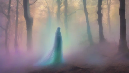 Capture a ghostly figure shrouded in a luminous aura, standing amidst an ancient, mist-laden forest. The translucent silhouette radiates soft, iridescent colors, casting an enchanting light on the surrounding trees. Wisps of fog swirl around its ethereal form, blending seamlessly with the vibrant hues. The captivating scene evokes a sense of mystery and otherworldly beauty, inviting viewers to explore the secrets hidden within the shadows.