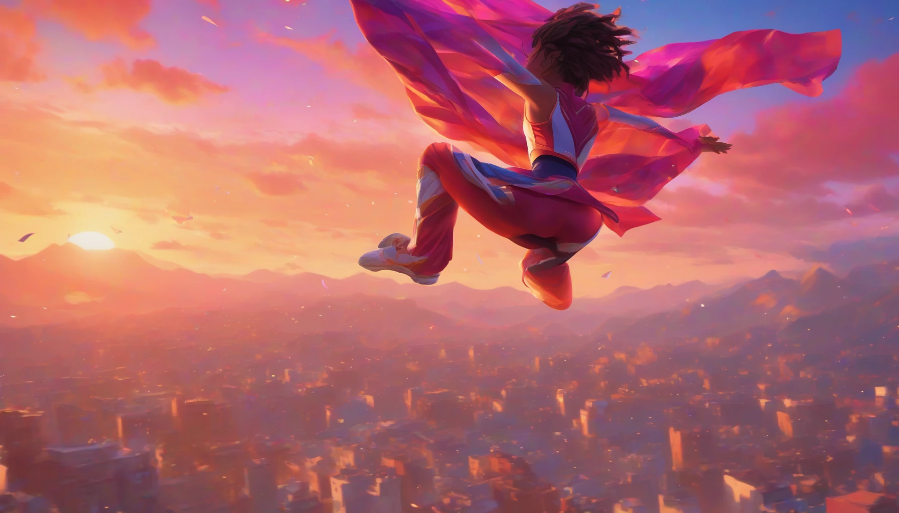 Capture a breathtaking moment of a character mid-flip, soaring high against a vibrant sunset sky. The athlete’s body, clad in a sleek, dynamic outfit, twists gracefully as limbs stretch in perfect form. Below, a cheering crowd watches in awe, while colorful banners flutter in the wind. Enhance the scene with sparkling trails of light that emanate from the character, emphasizing the sheer energy of the stunt.