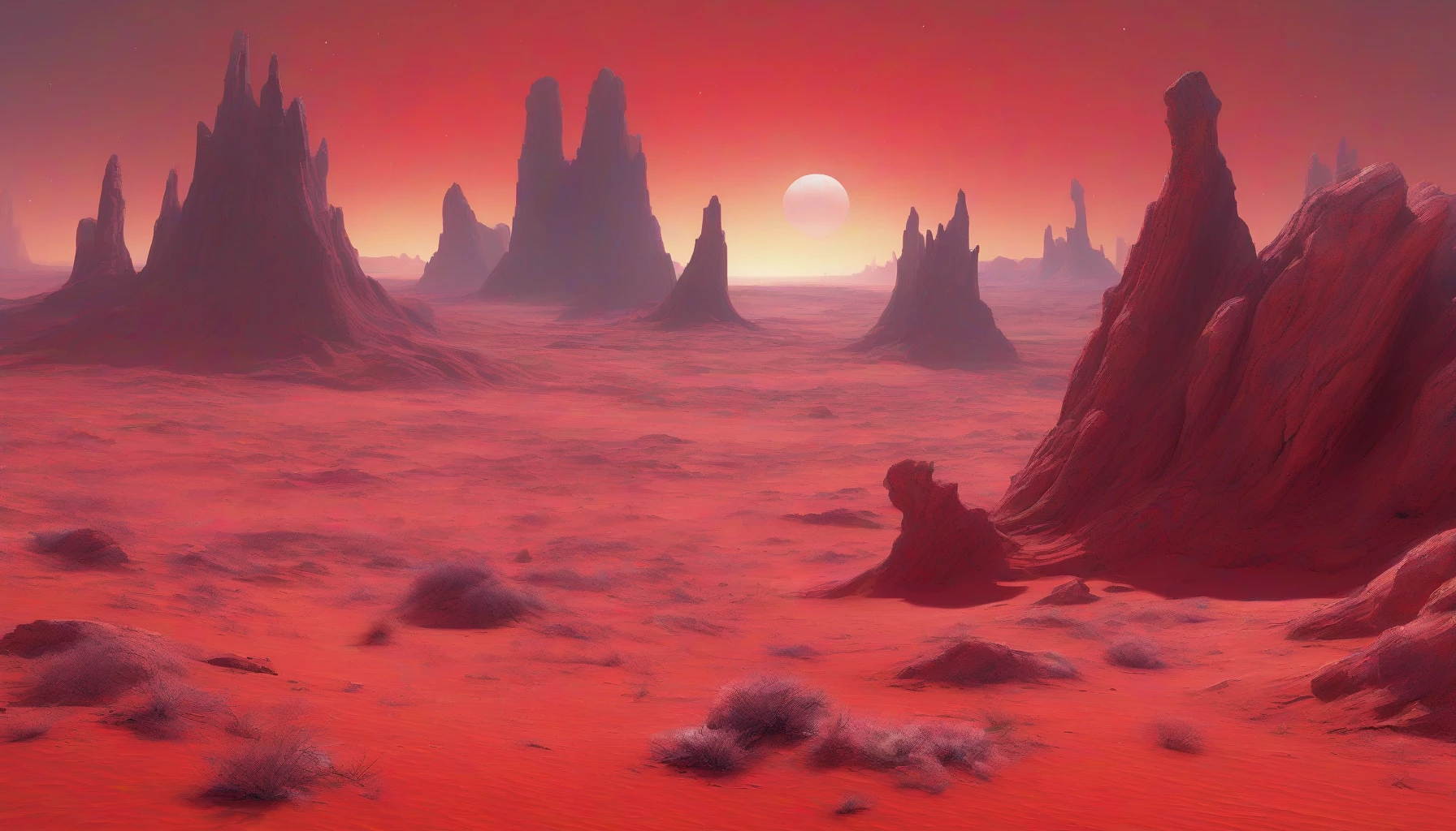 Imagine a desolate alien planet where the ground is a vast expanse of crimson sand, shimmering under a distant twin sun. Strange, towering rock formations twist into the sky like ancient sculptures, their surfaces glistening with iridescent minerals. The atmosphere is thick with an otherworldly haze, casting surreal shadows and highlighting the vibrant colors of the landscape. Scattered remnants of unknown flora add a bizarre beauty to this eerie, yet captivating world.