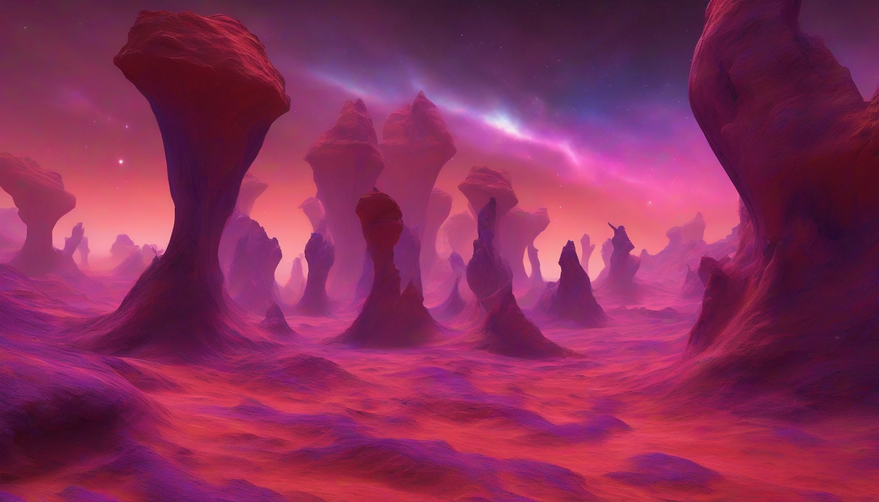 Immerse yourself in a breathtaking alien world where crimson sands stretch endlessly beneath a swirling violet sky. Towering, surreal rock formations twist skyward, their surfaces glistening with iridescent minerals. Shadows dance across the terrain as the light from distant stars flickers, casting an otherworldly glow on this barren expanse. Strange flora emerge from the ground, their vibrant colors contrasting with the starkness of the surroundings, creating a hauntingly beautiful vista.