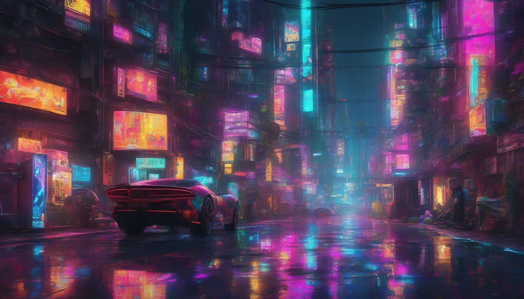 Immerse yourself in a vibrant cyberpunk alleyway, alive with the glow of neon signs casting colorful reflections on rain-slicked pavement. Towering, futuristic skyscrapers loom overhead, while quirky robots wander the streets, illuminating the darkness with their luminous circuitry. Holographic advertisements flicker above, creating a chaotic blend of technology and urban life, inviting you to explore this electric, dystopian world where dreams and reality intertwine.