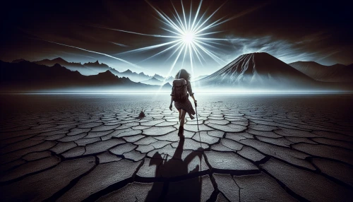 An intrepid traveler ventures across a parched landscape, with cracked earth sprawling endlessly in every direction. The sun blazes overhead, casting harsh shadows that accentuate the texture of the dry ground. In the distance, a faint silhouette of a mountainscape rises against a vibrant sunset, painting the sky in hues of orange and purple. The atmosphere is thick with solitude, capturing the essence of resilience in a barren world.