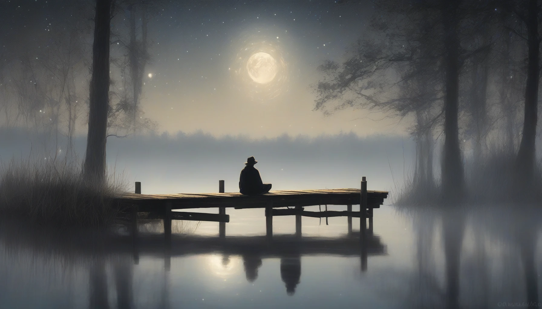 Capture a tranquil scene of a person sitting on a weathered dock, bathed in soft moonlight. Surround them with a shimmering lake reflecting the silvery glow of the stars above. Wisps of mist navigate the water's surface, and shadows of towering trees frame the composition. The stillness of the night enhances the mood, inviting viewers to pause and breathe in the peacefulness of this reflective moment.