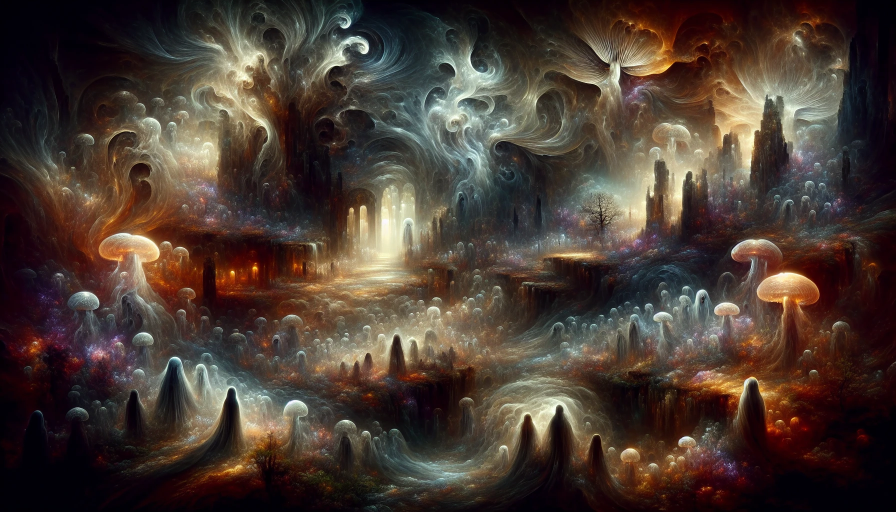 Dive into a mesmerizing realm where the haunting beauty of the Netherworld comes alive. Picture a landscape infused with swirling shadows, ethereal fog, and glowing fungi that flicker amidst ancient ruins. Ghostly figures weave through a tapestry of dark, shimmering colors, creating an atmosphere that is both eerie and enchanting. This surreal world invites viewers to explore its depths, where every corner reveals secrets of a timeless, forgotten existence.