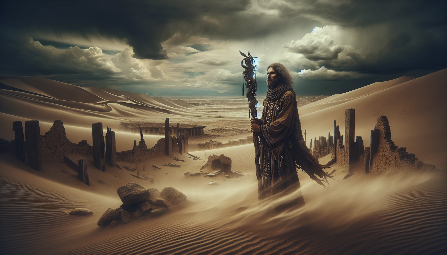 In a desolate world of sweeping sands and shattered ruins, a shaman stands tall amidst the chaos. Cloaked in tattered, flowing robes adorned with ancient symbols, he wields a gnarled staff infused with glowing crystals. Around him, the remnants of civilization lie buried in the dunes, while stormy skies swirl above. His piercing gaze reflects wisdom and power, calling forth the spirits of the lost.