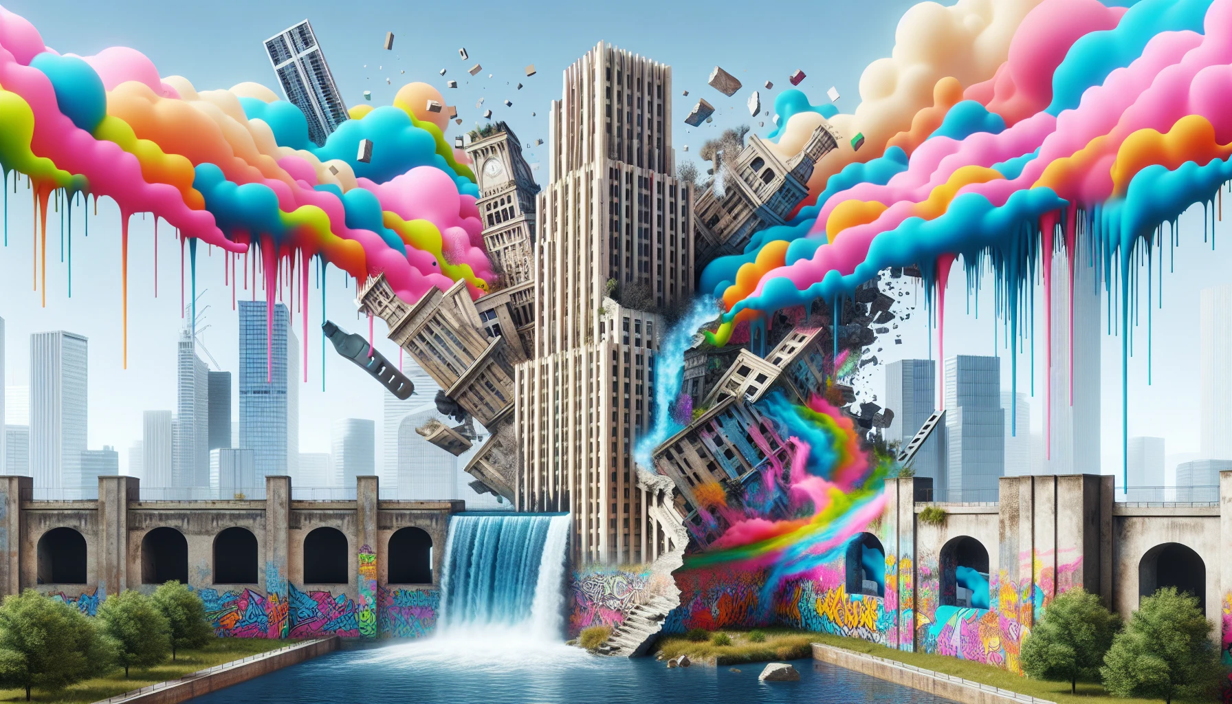 Imagine a vibrant urban landscape where classic architecture clashes with quirky, surreal elements. A fragmented skyscraper leans against a cascading waterfall, while neon graffiti bursts with color on crumbling ruins. Swirling clouds of pastel hues hover above, reflecting the chaos below. This whimsical scene embraces deconstruction, showcasing playful juxtaposition and irony, inviting viewers to explore the boundaries of reality and imagination in a postmodern world.