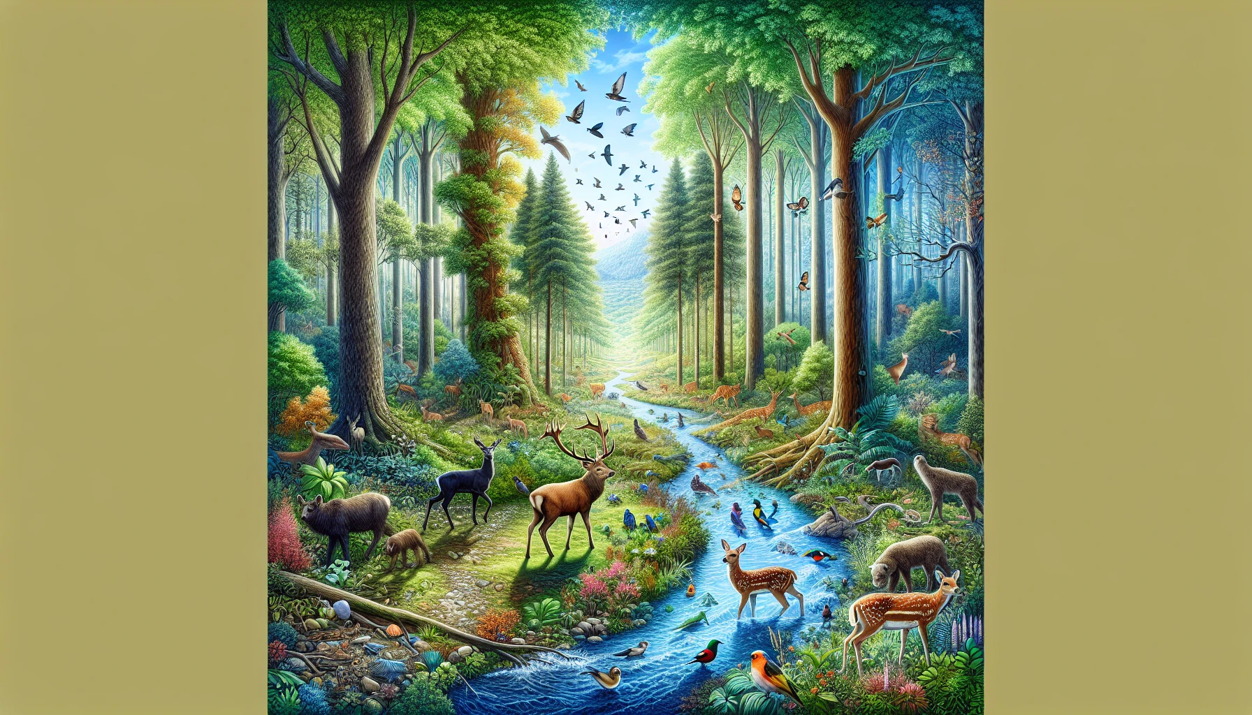 Visualize a vibrant forest teeming with life, where diverse flora and fauna coexist in harmony. Towering trees reach towards a radiant sky, while a shimmering stream flows through the undergrowth. Inhabitants like curious deer and colorful birds interact joyfully, illustrating the balance of nature. Subtle hints of human impact, like litter or fading paths, remind viewers of the importance of environmental awareness and conservation efforts.