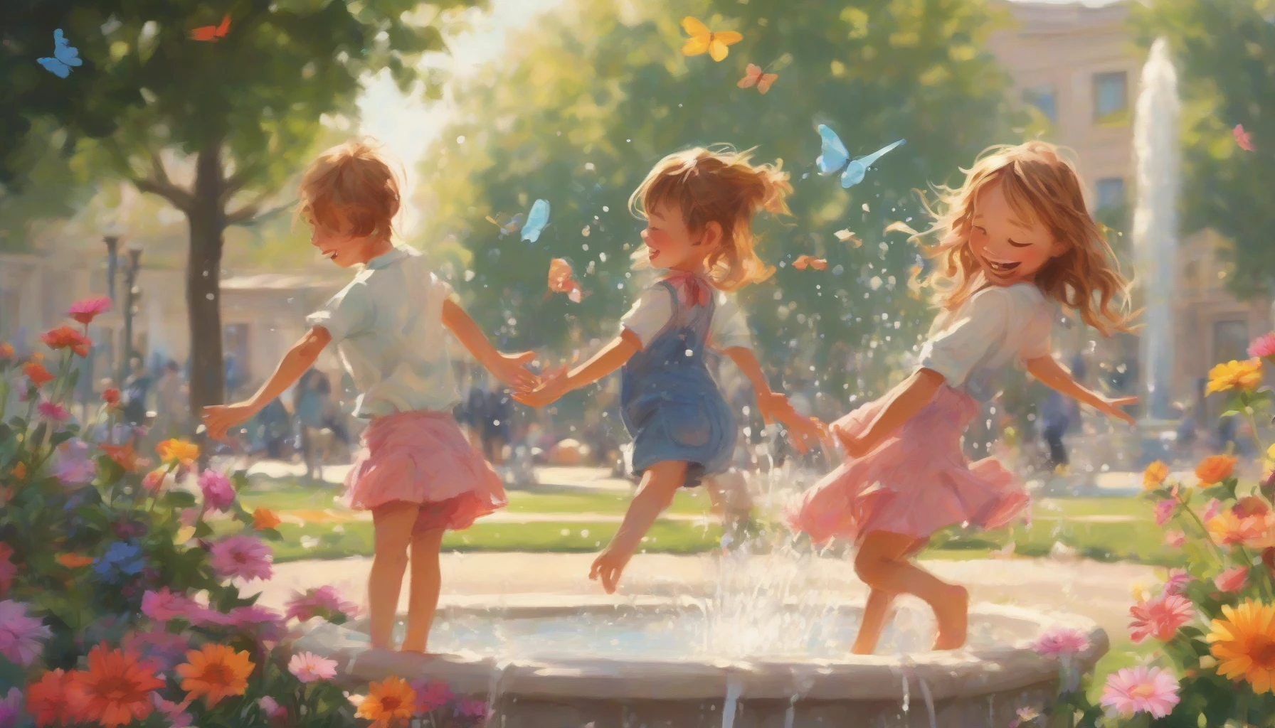 Capture the essence of childhood friendship through a vibrant scene of two friends playfully teasing each other in a sun-drenched park. Laughter echoes around them as one playfully splashes water from a nearby fountain, while the other giggles, dodging with a mischievous grin. Surround them with blooming flowers, fluttering butterflies, and a gentle breeze, creating an atmosphere bursting with joy, innocence, and timeless camaraderie.