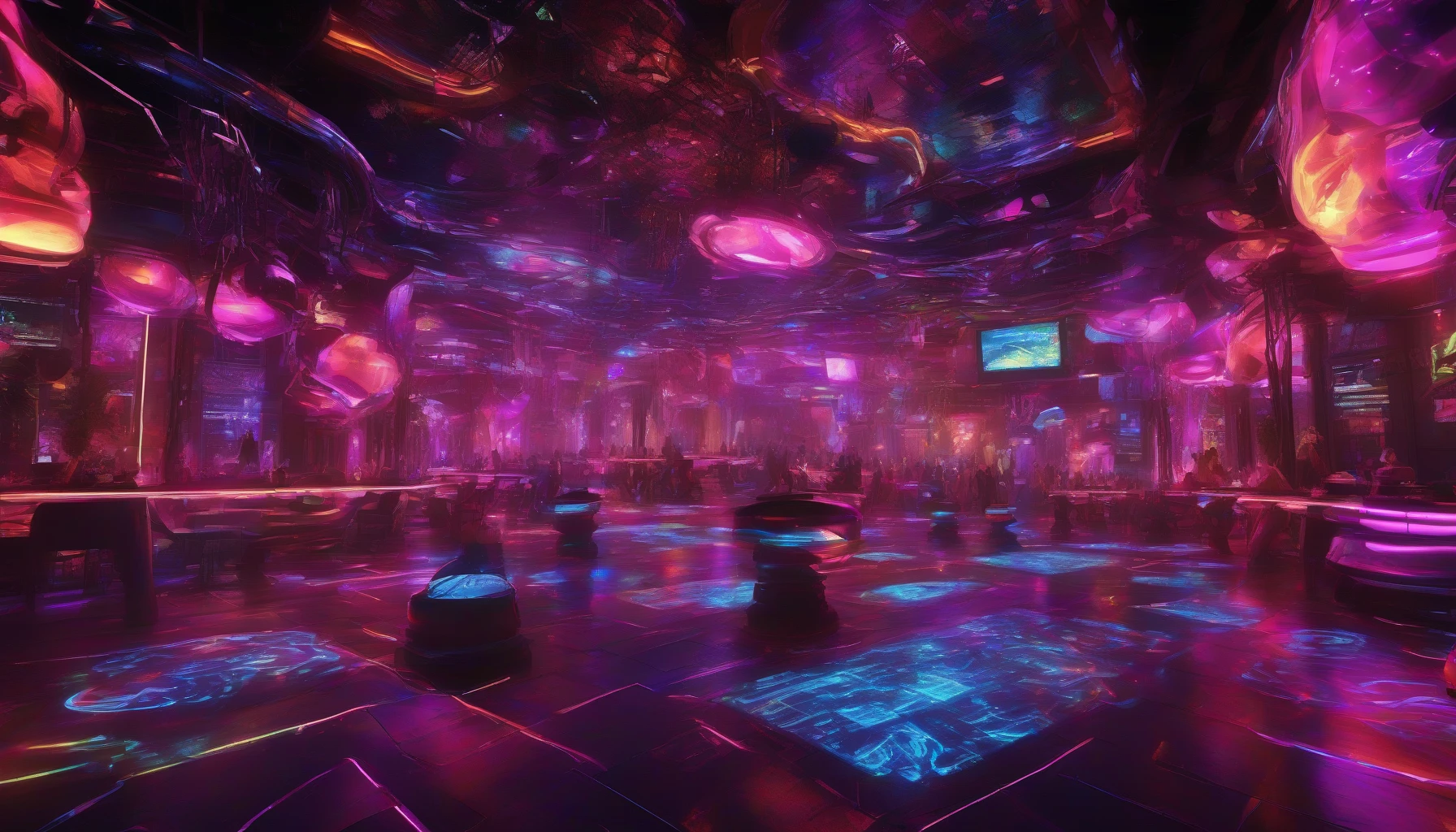 Immerse yourself in a vibrant cyberpunk nightclub, where dazzling neon lights pulse to the rhythm of electronic beats. The crowded dance floor teems with exuberant dancers, their silhouettes interspersed with glowing holographic displays. Above, a canopy of flickering lights casts an electric glow, while futuristic decor and high-tech elements enhance the surreal atmosphere. Experience the energy and excitement of this otherworldly nightlife scene.