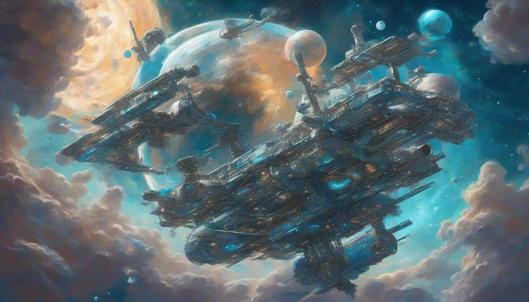 Imagine a breathtaking scene depicting a high-tech space station gracefully orbiting a vibrant blue planet, its swirling clouds reflecting hues of cerulean and turquoise. The station, adorned with solar panels and illuminated by soft, ethereal lights, stands out against the backdrop of a star-speckled universe. Nearby, a distant moon casts a gentle glow, creating a serene atmosphere that bridges the vastness of space and the beauty of alien worlds.