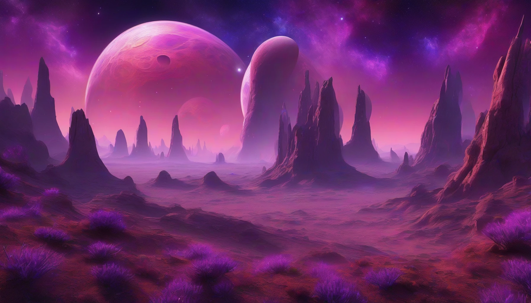 Imagine a breathtaking alien landscape where a vibrant planet stands out, featuring three distinct moons casting ethereal light. The skies above swirl in captivating shades of purple, dotted with shimmering stars and wispy clouds. Lush, otherworldly flora blankets the surface, while jagged rock formations rise dramatically in the foreground, creating an atmosphere of mystique and wonder in this surreal extraterrestrial realm.