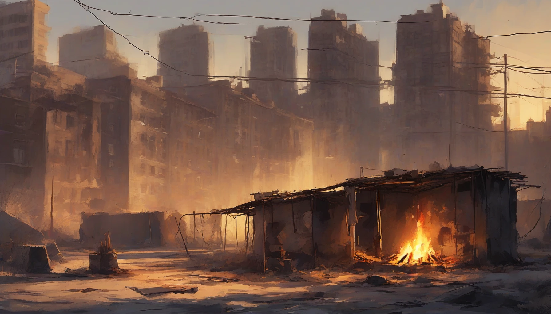 In the midst of a desolate urban landscape, a flickering campfire casts warm, golden light against the cold, crumbling concrete walls of abandoned buildings. Shadows dance around the makeshift shelter built from scavenged materials, while the city looms ominously in the background. The atmosphere is thick with tension and survival as remnants of civilization intertwine with nature, creating a hauntingly beautiful juxtaposition of hope amid despair.