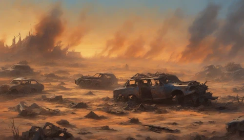 In a desolate, sun-scorched landscape, charred remnants of vehicles lay strewn across the cracked earth. Billowing smoke dances against the stark blue sky, as the sun sets, casting an eerie orange glow. Jagged rocks and scattered debris punctuate the foreground, where shadows of battle linger. The air is thick with the scent of burnt metal and dust, evoking a haunting reminder of conflict lost in time.