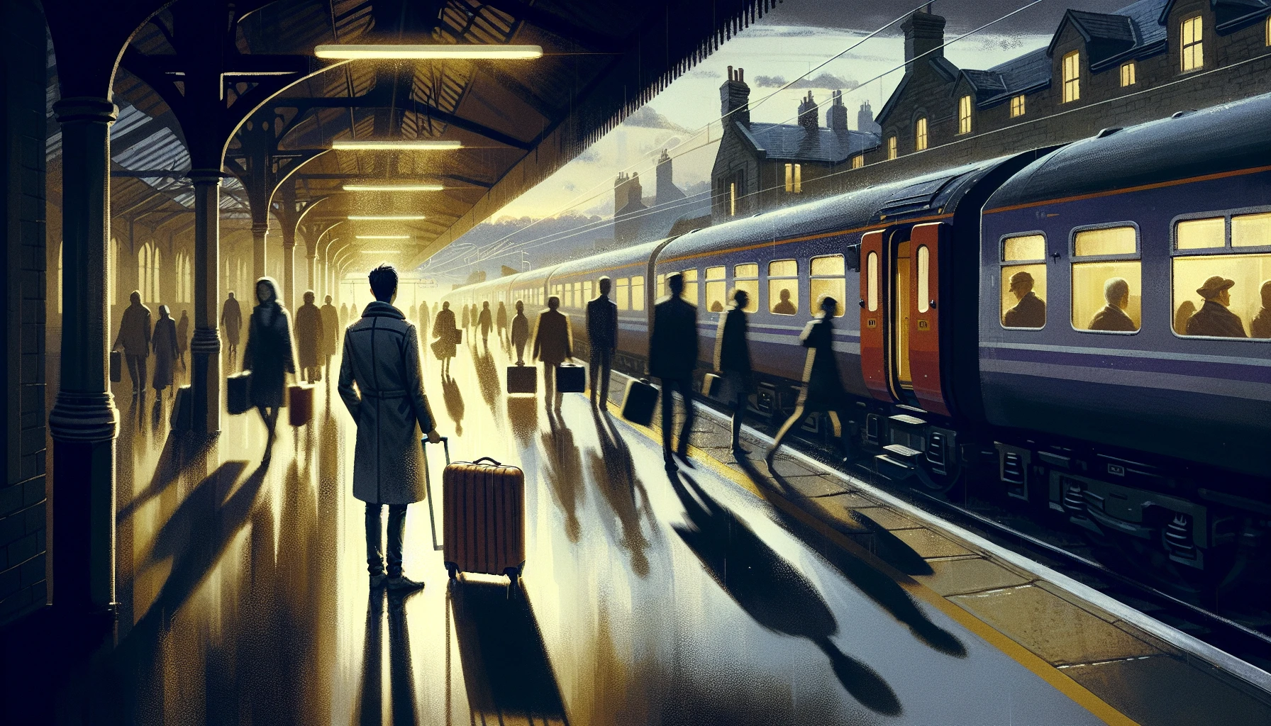 Capture the poignant atmosphere of a train station as twilight descends, casting long shadows on the platform. A solitary figure stands, suitcase in hand, gazing at the departing train. The air is thick with the scent of rain, and soft echoes of a distant whistle fill the space. Surrounding them, blurred faces and luggage rush by, embodying the bittersweet nature of farewells and new beginnings.