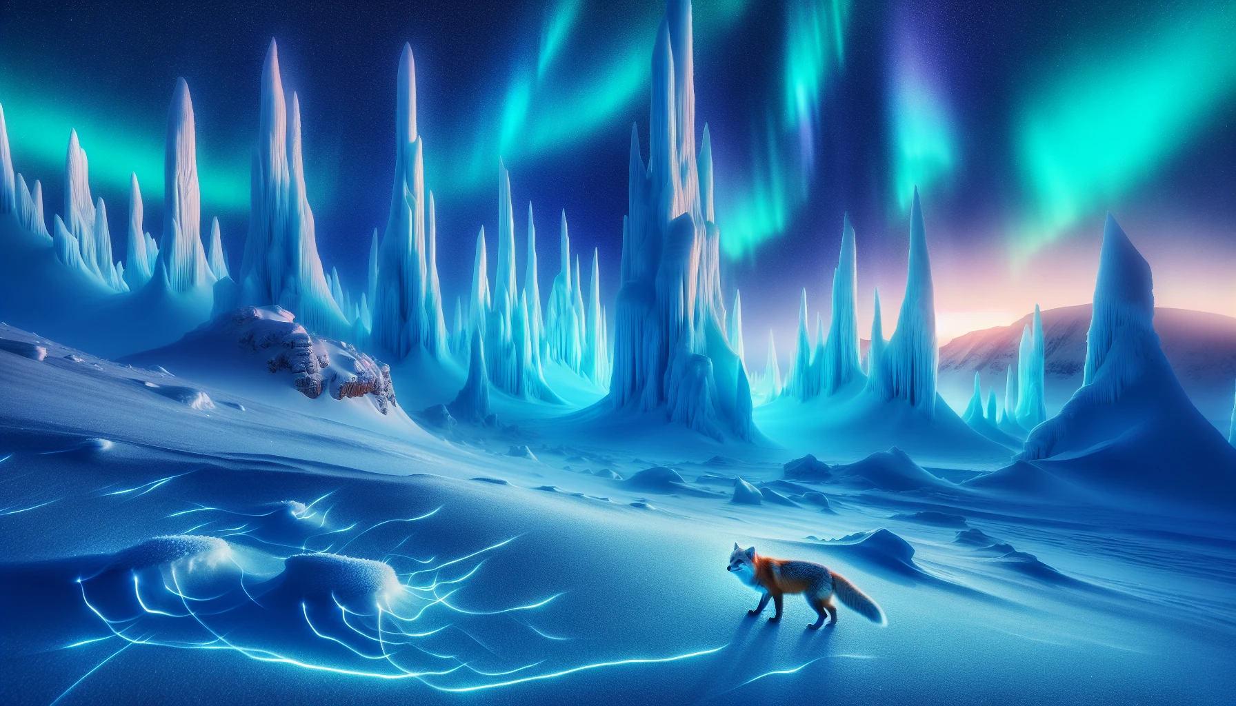 Envision a breathtaking arctic landscape where towering ice spires pierce the cerulean sky, glinting under the soft glow of the northern lights. The ground is blanketed with a thick layer of pristine snow, undisturbed save for the delicate footprints of a wandering arctic fox. Wisps of icy mist swirl in the cold air, creating an ethereal atmosphere that captures the raw beauty of nature in its most serene and formidable form.