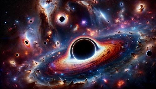 In a mesmerizing cosmic scene, a massive black hole bends and twists the fabric of space-time, creating swirling waves of luminous starlight and dark shadows. Surrounding it, vibrant bursts of color from nearby nebulae dance in a symphony of chaos and beauty, while distant galaxies appear warped and stretched, illustrating the profound gravitational influence. The image captures the awe and mystery of our universe's most enigmatic phenomenon.