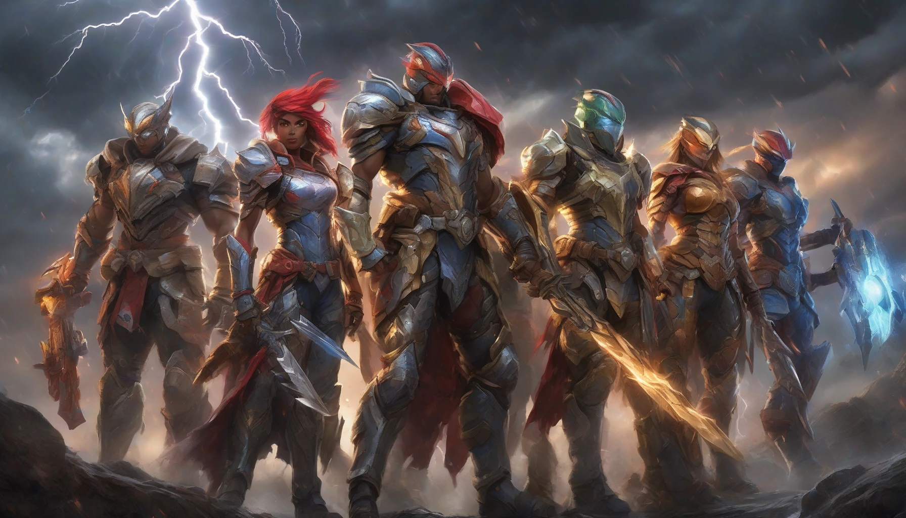 In a dramatic landscape under a stormy sky, a diverse team of heroes stands shoulder to shoulder, each poised in a powerful battle stance. Clad in vibrant armor and armed with a variety of weapons, their expressions reflect determination and courage. Lightning crackles in the background, illuminating their fierce faces. Together, they embody unity against adversity, ready to confront any challenge that lies ahead.