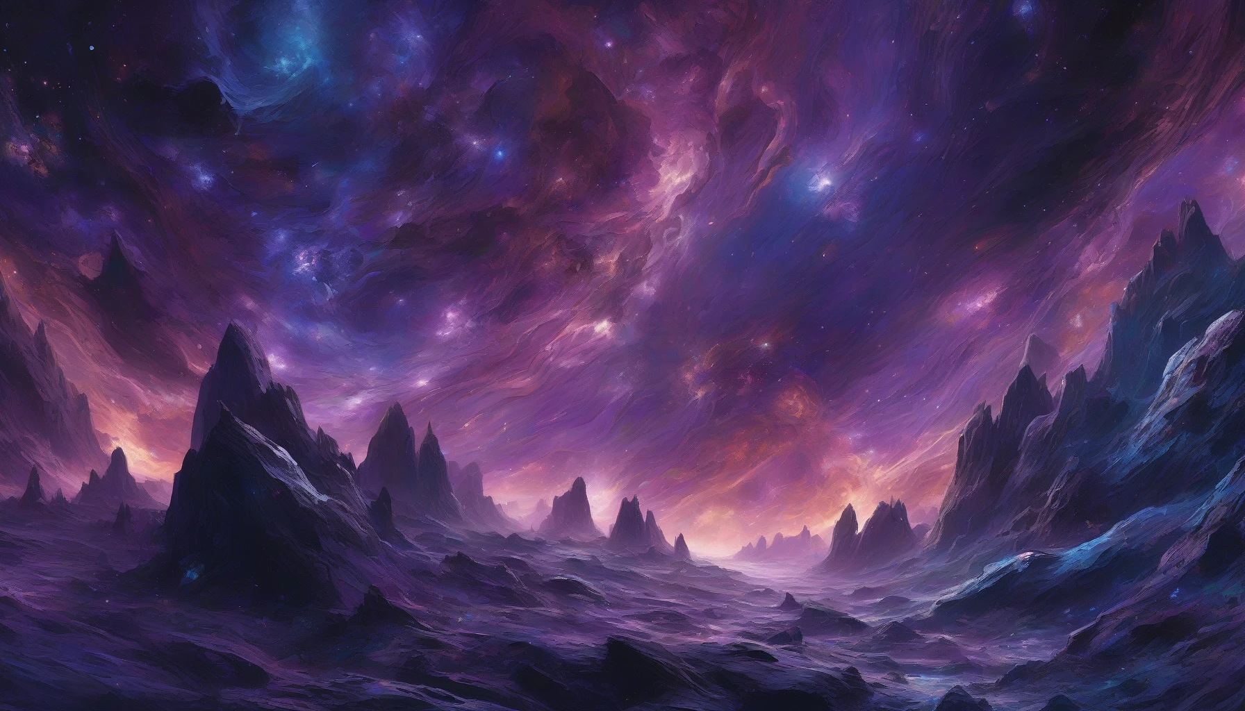 In a vast, swirling asteroid field bathed in hues of deep purple and blue, each massive rock gleams with embedded minerals that radiate an otherworldly glow. Streams of starlight illuminate intricate patterns crafted by nature, while distant nebulae shimmer softly in the background. The scene captures an exhilarating blend of danger and beauty, inviting explorers to navigate this celestial treasure trove filled with potential wonder.