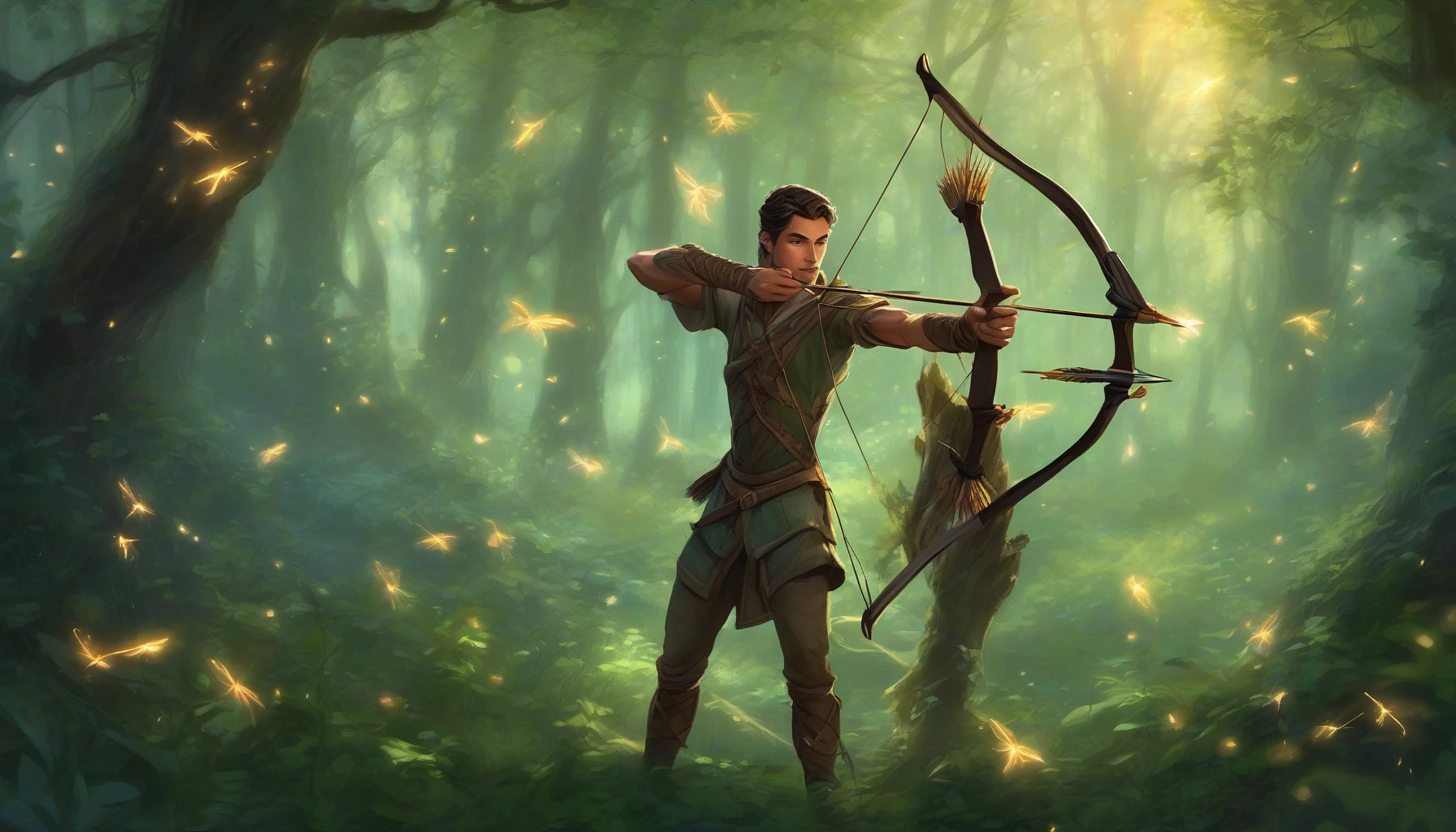 In a dense, enchanted forest, an archer stands poised, drawing back a beautifully crafted bow. Each arrow he readies glimmers with an ethereal glow, illuminating the twilight around him. Lush greenery surrounds him, with fireflies dancing in the air, creating a magical atmosphere. Wisps of mist curl around his feet, and the archer's determined gaze reflects his connection to ancient powers as he prepares to release a volley of vibrant arrows.