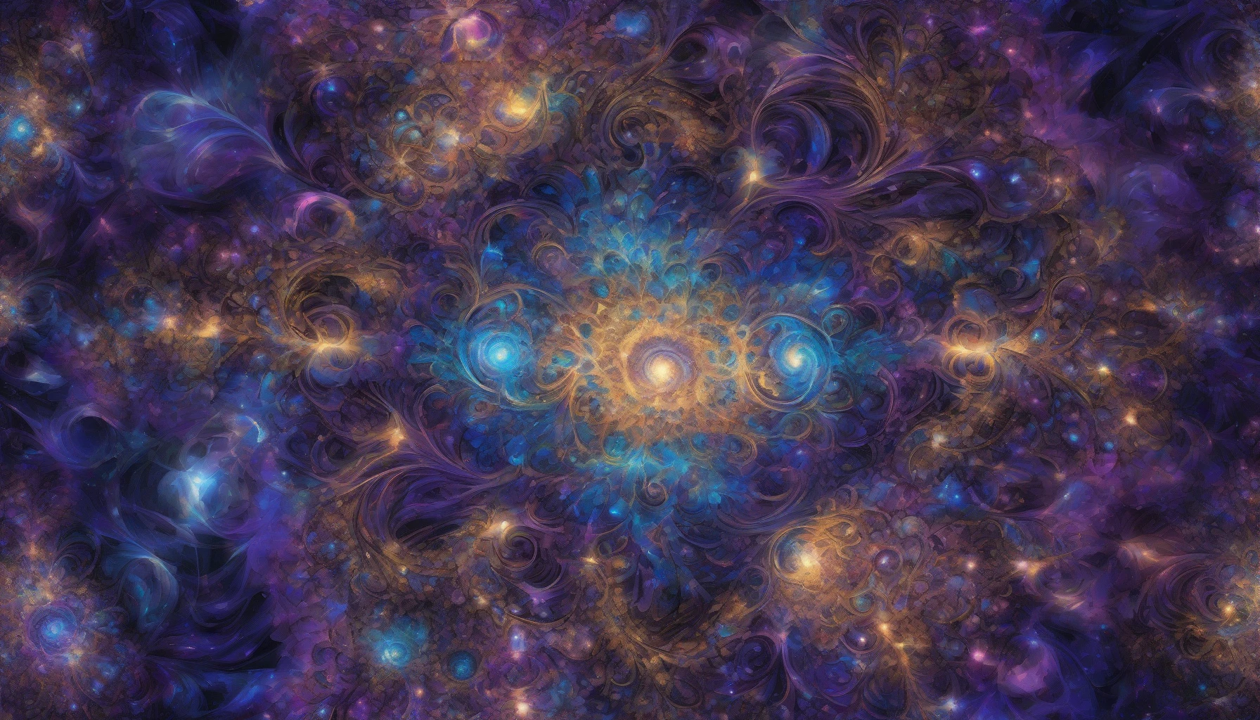 A vibrant explosion of shimmering metallic fractals dances across a cosmic backdrop, evoking the majesty of the universe. Each intricate design twists and spirals, reflecting light like precious gems, while a kaleidoscope of colors blends seamlessly into the deep blues and purples of space. Celestial bodies emerge from the fractals, creating a hypnotic interplay between the organic and the abstract, inviting viewers to lose themselves in this mesmerizing visual symphony.