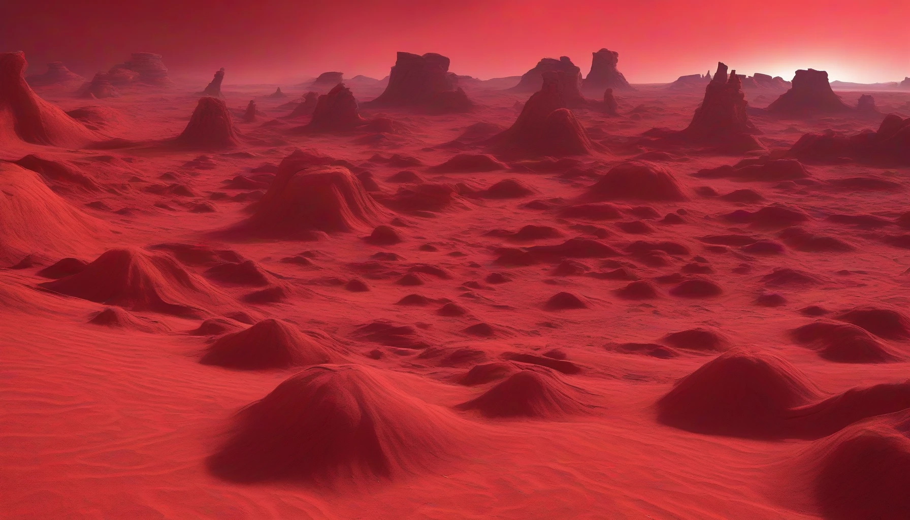 Journey to a surreal alien planet blanketed in vibrant red sands, where bizarre rock formations rise majestically from the ground, twisted and contorted like ancient sculptures. The sun hangs low in a crimson sky, casting eerie shadows and enhancing the landscape's otherworldly allure. Strange flora, luminescent and iridescent, dot the terrain, while distant mountains loom, hinting at hidden mysteries waiting to be unveiled.