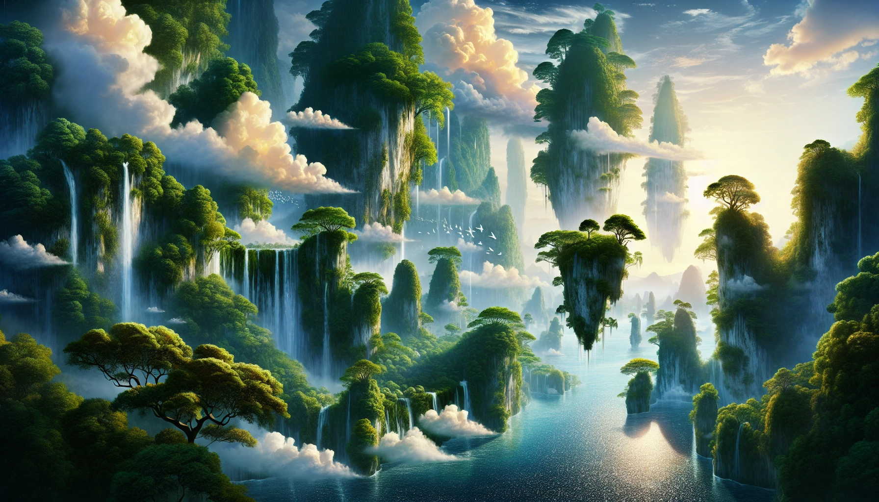 Envision a breathtaking scene of lush, verdant islands suspended high above a sparkling ocean, with waterfalls cascading gracefully from their edges. Each island bursts with vibrant flora, colorful flowers, and towering trees that sway gently in the breeze. Wispy clouds weave around the islands, reflecting soft sunlight that casts a warm glow. Below, the water shimmers, inviting explorers into this fantastical realm of tranquility and wonder.