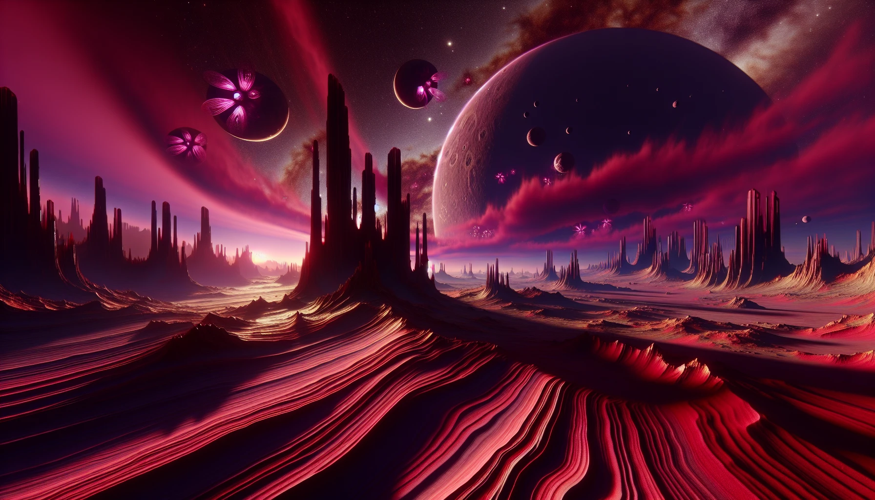 Imagine an alien planet, its surface cloaked in vibrant, crimson sands that ripple under a heavy, purple sky. Jagged, otherworldly rock formations jut out like ancient sculptures, casting long shadows across the landscape. In the distance, surreal plants with luminescent hues sway gently in a nonexistent breeze, while eerie silence envelops the scene, evoking both wonder and trepidation in this uncharted realm of Xyraxis.