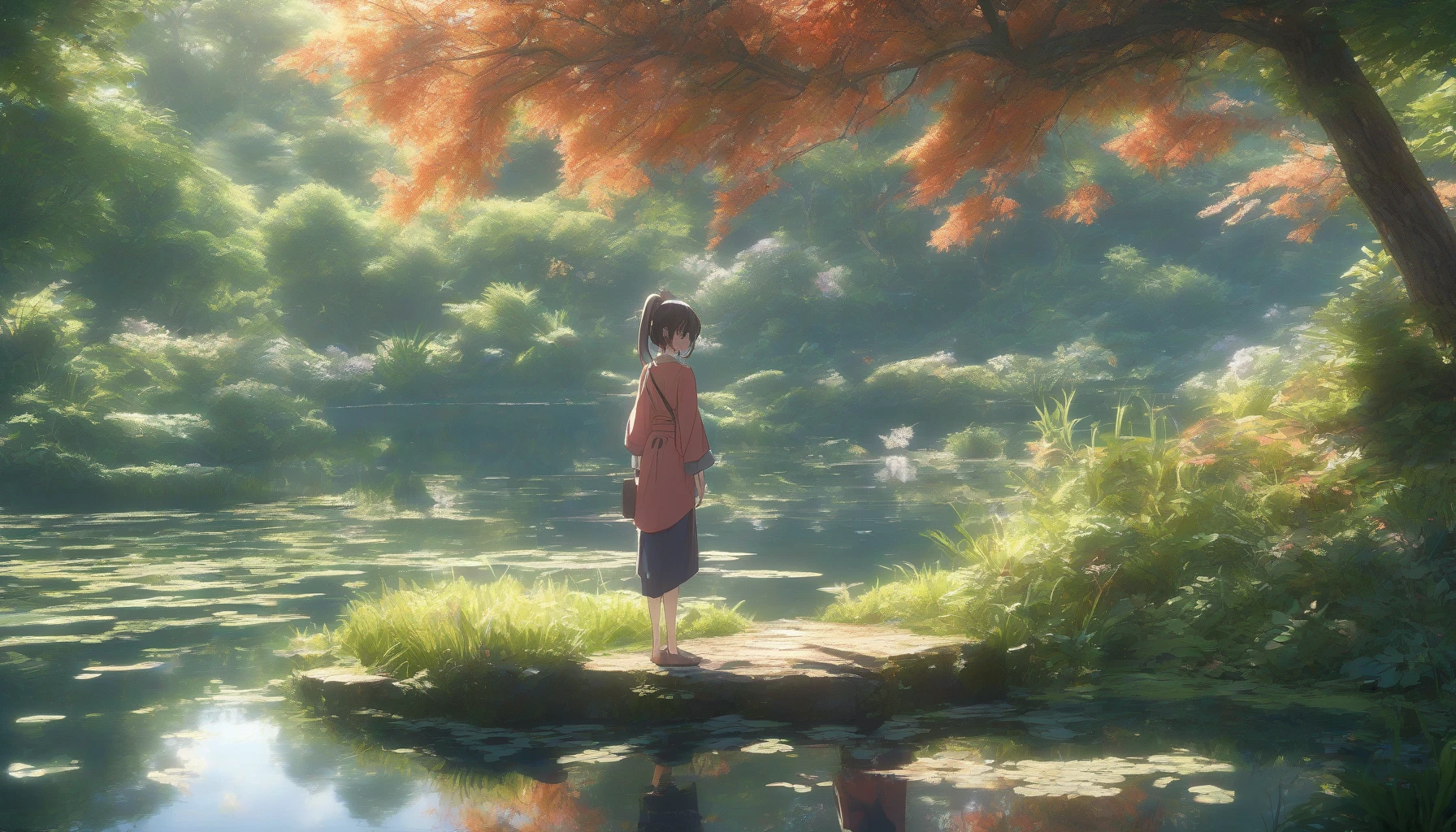 Picture a breathtaking scene where a vibrant 3D-rendered anime character stands poised against a lush, hyper-realistic backdrop. The character’s bright, expressive features contrast sharply with the intricate textures of the natural surroundings—the glistening leaves, the soft ripples of a nearby pond, and the delicate play of sunlight. This harmonious blend creates a captivating visual narrative that invites viewers into a fantastical yet tangible realm.