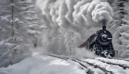 Imagine a majestic steam train plowing through a vast, white wonderland, its billowing clouds of smoke contrasting against the crystalline snow. Towering pine trees draped in glistening frost line the tracks, their branches heavy with winter's touch. In the distance, snow-capped mountains rise like silent sentinels, while soft snowflakes dance in the air, creating a magical atmosphere that whispers tales of adventure and nostalgia.