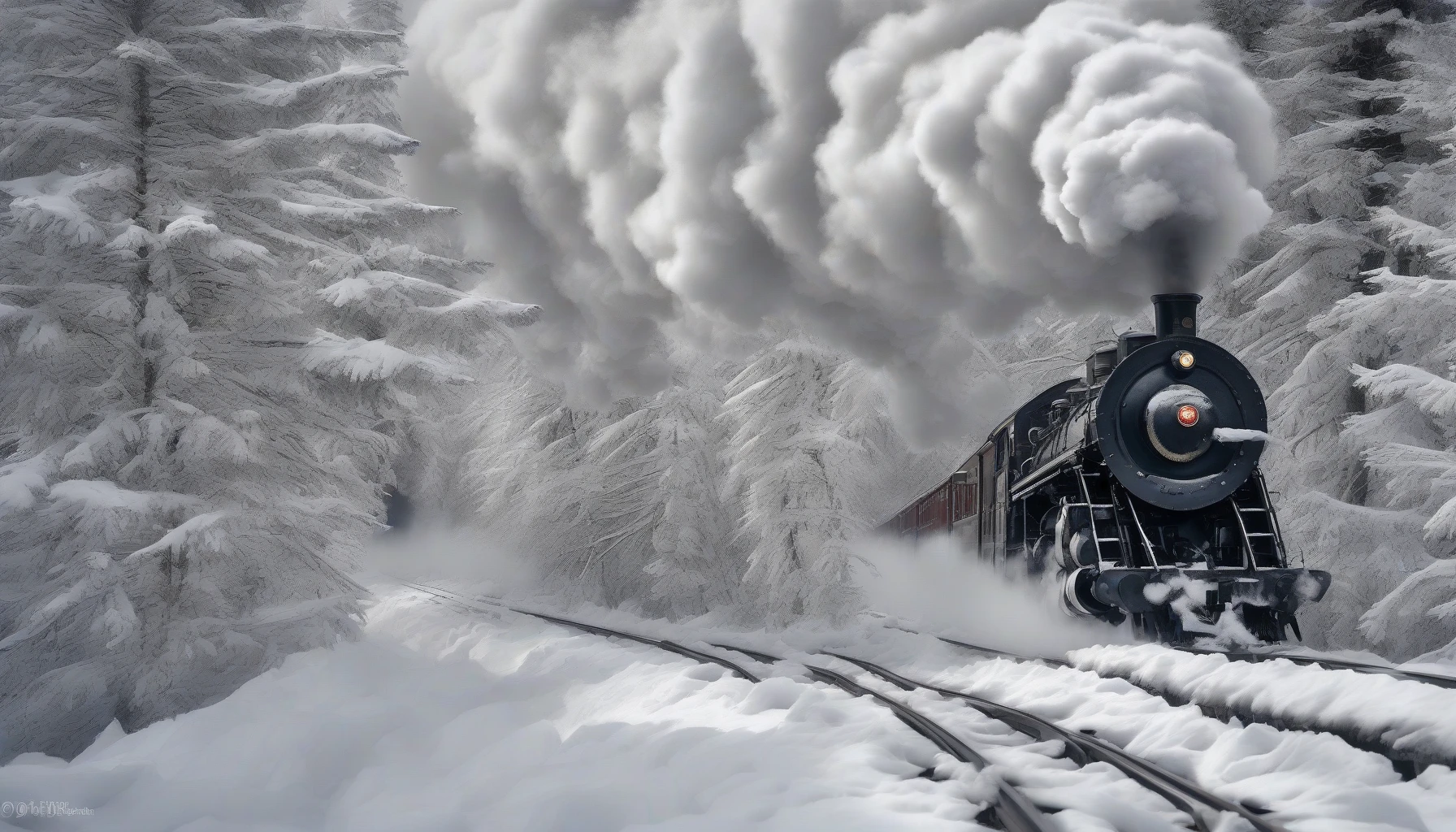 Imagine a majestic steam train plowing through a vast, white wonderland, its billowing clouds of smoke contrasting against the crystalline snow. Towering pine trees draped in glistening frost line the tracks, their branches heavy with winter's touch. In the distance, snow-capped mountains rise like silent sentinels, while soft snowflakes dance in the air, creating a magical atmosphere that whispers tales of adventure and nostalgia.