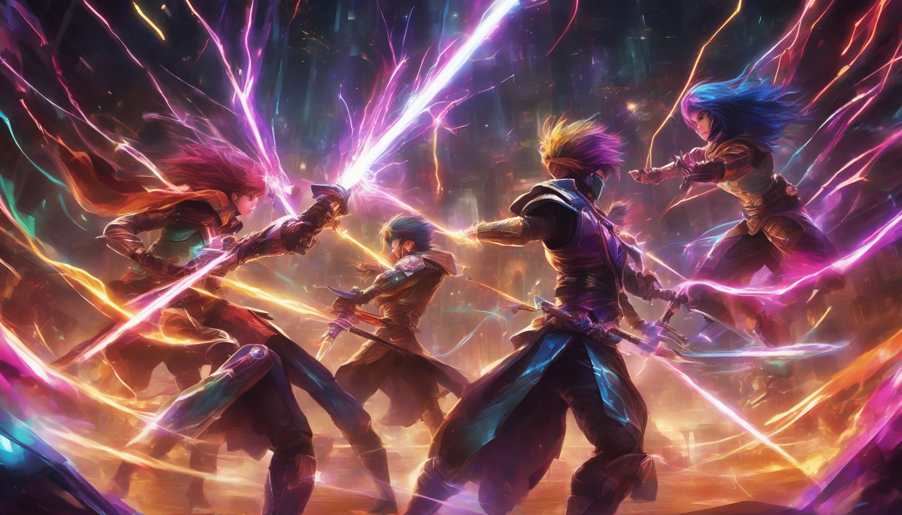 In a futuristic combat arena, two skilled duelists clash with laser swords, their blades illuminating the dark surroundings with vibrant colors. Sparks fly as their weapons meet, creating a spectacular display of light and energy. The tension in the air is palpable, with spectators on the edge of their seats, enveloped by the pulsating rhythm of battle and the electric atmosphere filled with anticipation.