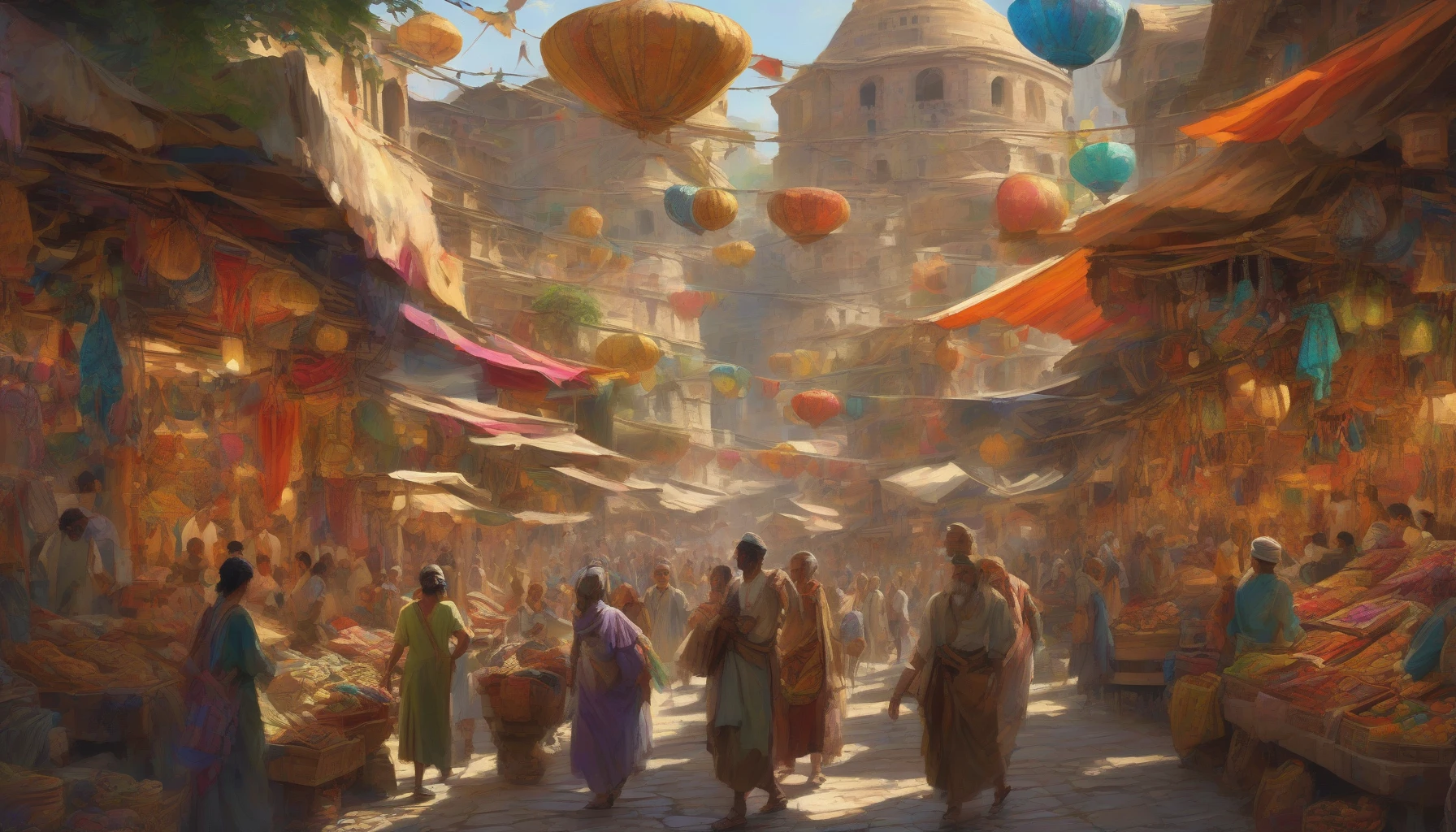 A vibrant scene portraying a time traveler stepping into a bustling marketplace of an ancient civilization, surrounded by intricate architecture and colorful stalls brimming with exotic goods. Sunlight filters through the canopy of vibrant fabrics above, illuminating the expressions of traders and townsfolk. The traveler, dressed in a blend of modern and ancient attire, gazes in awe, holding a curious artifact that glows with mysterious energy, bridging past and present.