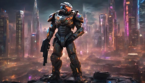 Imagine a formidable soldier clad in advanced power armor, gleaming with a blend of metallic hues and vibrant LED accents. The backdrop features a dystopian cityscape, with towering skyscrapers and a sky lit by neon lights. This warrior stands confidently, weapons ready, exuding strength and resilience. Intricate designs on the armor reflect cutting-edge technology, while the soldier's visor glows ominously, ready to face any threat that emerges.