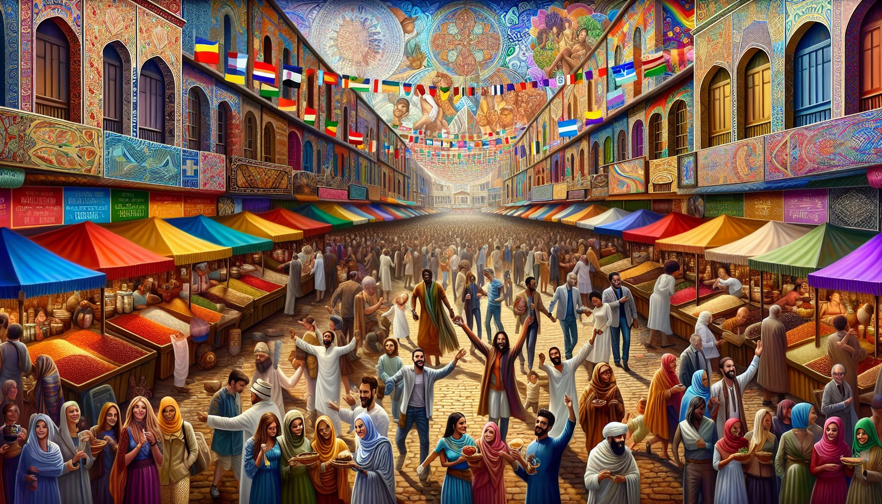 Imagine a vibrant street scene infused with an eclectic mix of cultures. Colorful stalls overflow with spices, textiles, and handicrafts representing various traditions. People of different backgrounds, dressed in their distinctive attire, share smiles as they savor exotic street food. A backdrop of lively murals tells stories of unity in diversity, reflecting the beauty of cross-cultural exchange in an immersive, bustling marketplace.