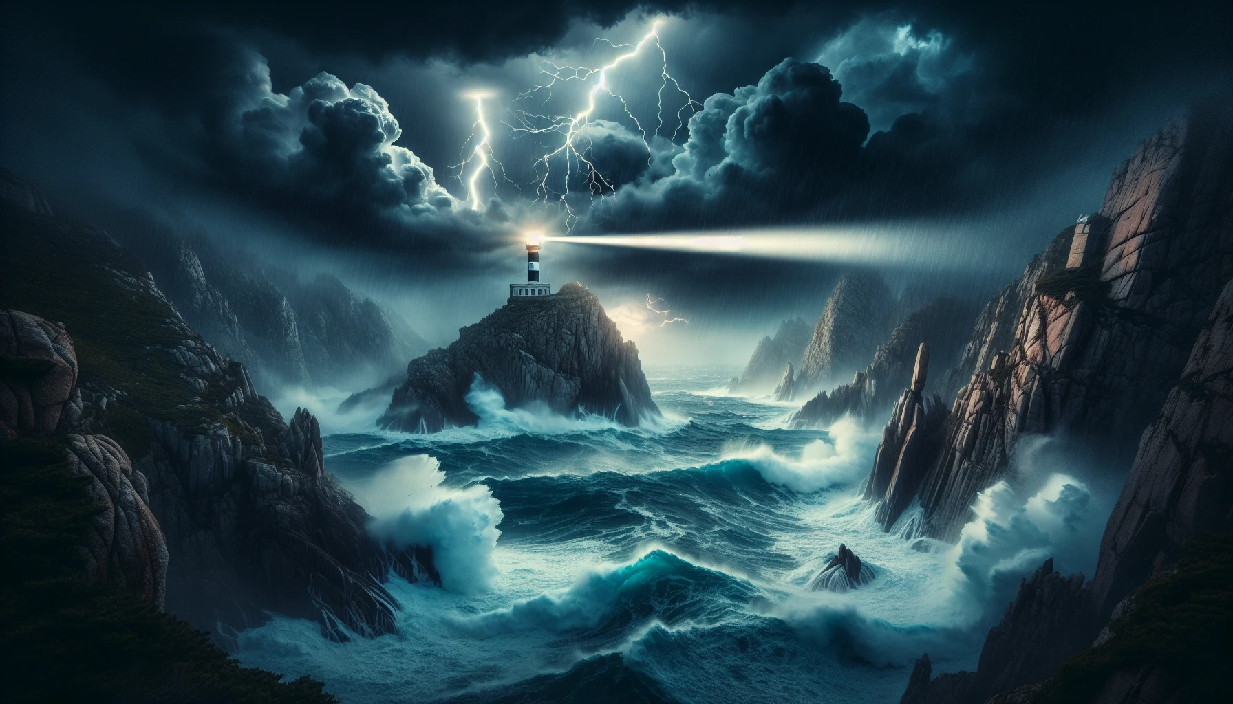 A tumultuous sea crashes against rugged cliffs under dark, swirling storm clouds. Waves froth wildly, their white crests illuminated by intermittent flashes of lightning. In the distance, a solitary lighthouse stands bravely against the storm, its beam cutting through the darkness to guide lost sailors safely home. The contrast between the fierce ocean and the steadfast beacon evokes a sense of hope amid chaos.