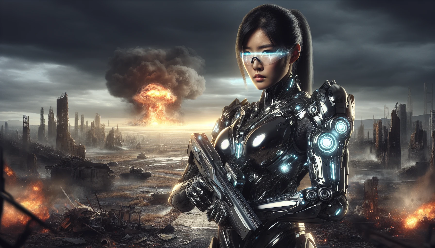 A formidable soldier stands poised on a war-torn battlefield, clad in sleek, high-tech power armor that glimmers with a metallic sheen. The suit is intricately designed, featuring glowing energy cores and advanced weaponry integrated into the forearm. Behind him, a desolate skyline hints at a shattered city, with smoke and debris swirling in the air. His visor reflects a distant explosion, embodying resilience and strength in a dystopian future.