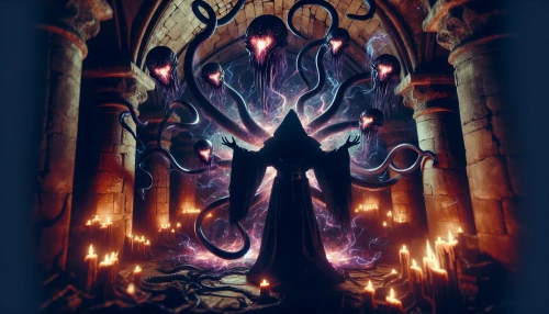 In a dimly lit chamber, a cloaked dark mage stands at the center, arms raised high, emanating an eerie aura. Shadows twist and writhe around him, forming ominous creatures that emerge from the void—serpentine forms with glowing eyes and elongated limbs. Candles flicker, casting chaotic shadows on ancient stone walls, while dark, swirling energy crackles in the air, heightening the sense of impending dread and power.