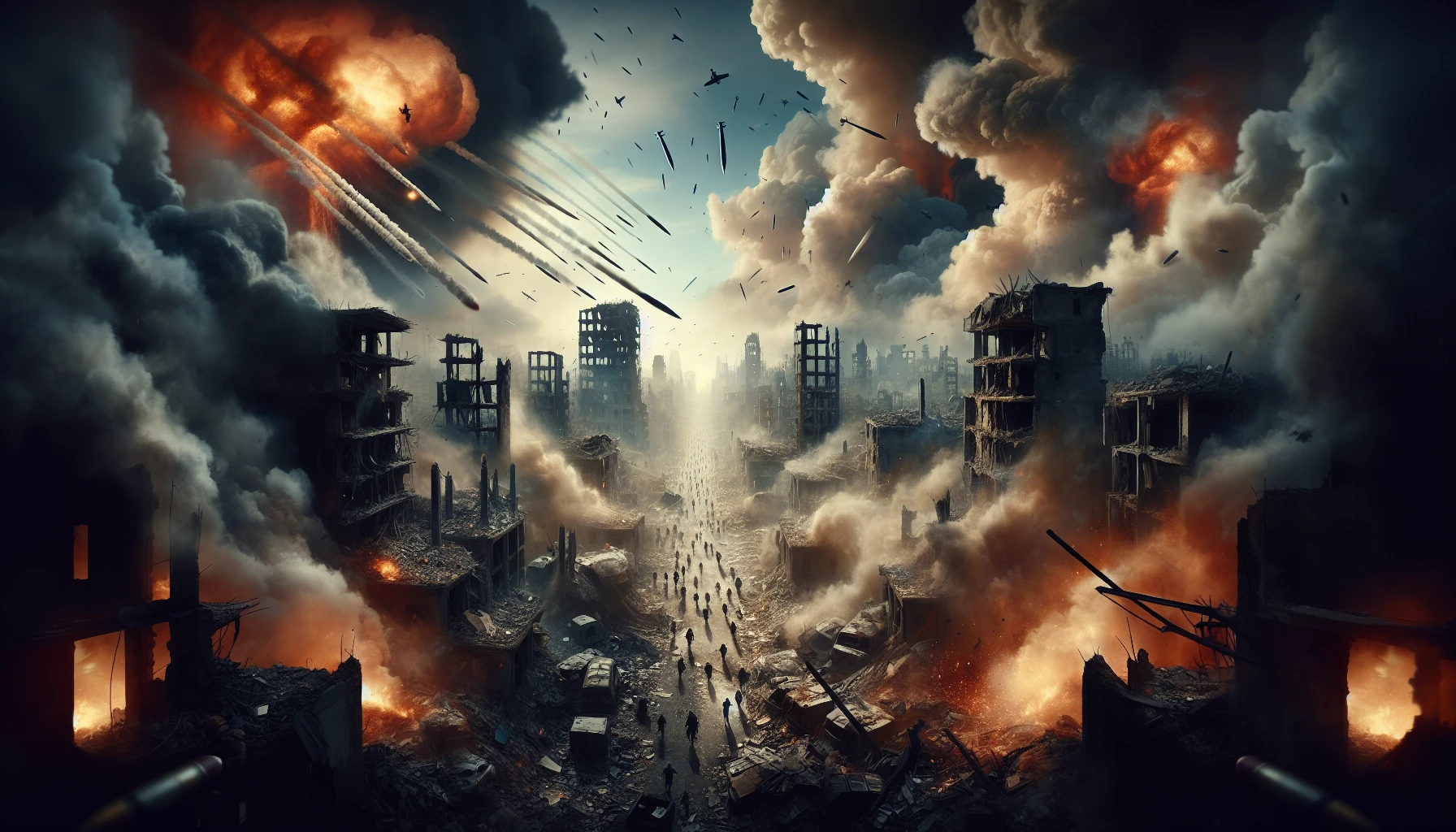 Visualize a hauntingly beautiful war-torn cityscape, where crumbling buildings rise amidst clouds of thick smoke and fiery explosions. The sky is painted with hues of orange and gray as artillery shells rain down, illuminating shadowy figures fleeing through the debris-strewn streets. The atmosphere is tense, filled with the sounds of chaos and destruction, evoking a poignant sense of loss and resilience in the face of overwhelming adversity.