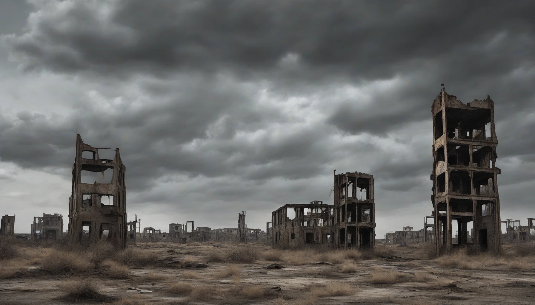 A haunting scene unfolds in a stark, desolate landscape where the remnants of once-thriving buildings stand like skeletons against the horizon. Rusted metal and crumbling concrete rise from the parched earth, their twisted forms reaching out as if grasping for a forgotten past. The sky is a somber canvas of gray, thick with clouds that threaten rain but only echo the emptiness below, creating a chilling sense of abandonment.