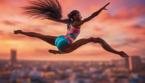 Capture a dynamic scene featuring a skilled gymnast performing an awe-inspiring acrobatic flip against a vibrant sunset sky. The character, clad in a sleek, colorful outfit, twists gracefully while the wind tousles their hair, muscles tensed in perfect form. Below, a cheering crowd, blurred in excitement, enhances the atmosphere. Daring, lively energy radiates as the backdrop of shimmering clouds adds a touch of magic to this thrilling moment.