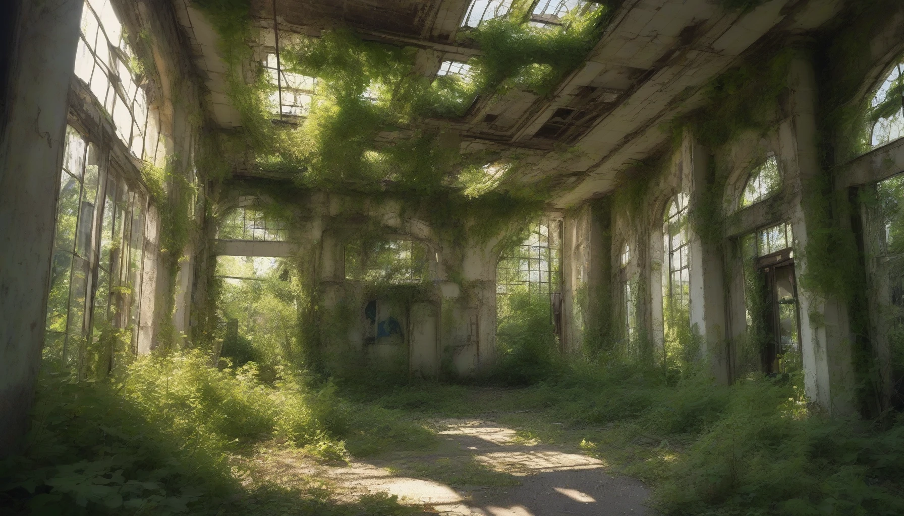 In a haunting blend of man-made ruins and the wild resurgence of nature, an abandoned military base lies cloaked in a vibrant tapestry of overgrown plants. Crumbling concrete structures peek through lush vines and wildflowers, while rusted metal frames stand as testaments to a forgotten past. Sunlight filters through the thick foliage, casting dappled shadows, creating an eerie yet enchanting atmosphere of decay and restoration.