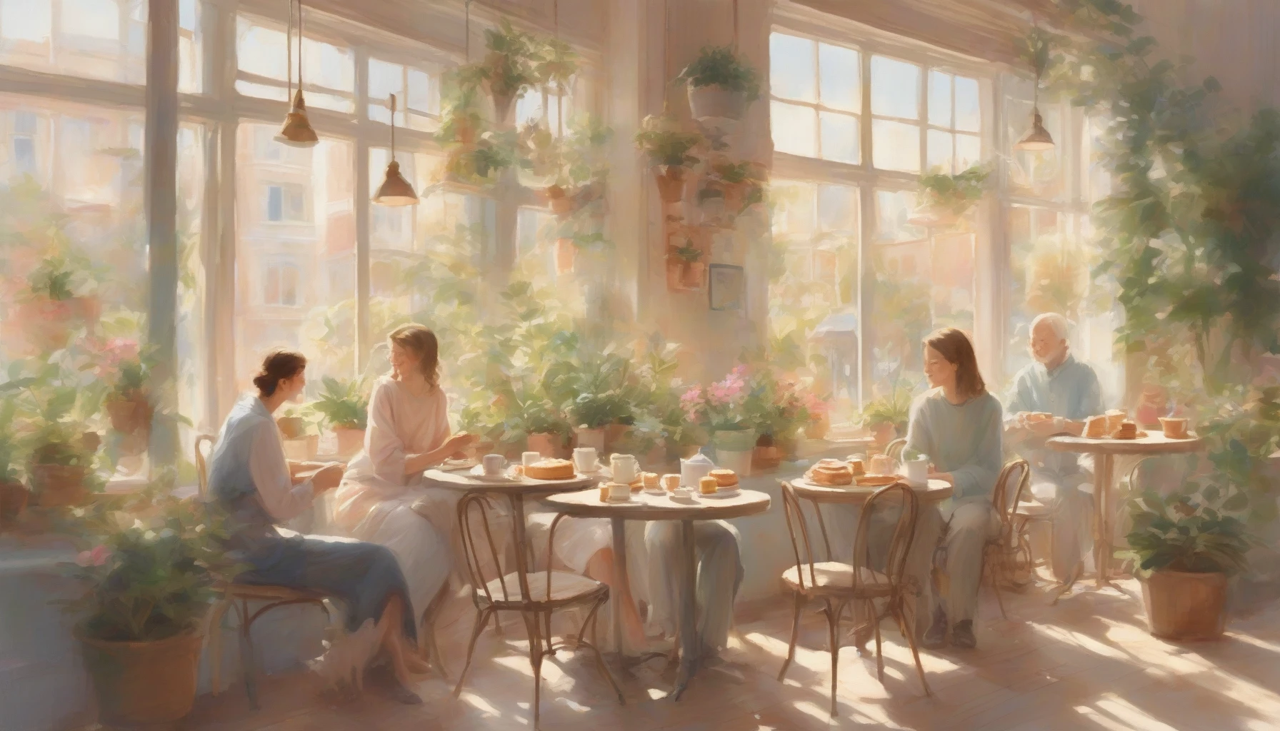 A tranquil café scene bathed in soft pastel hues, where gentle sunlight filters through large windows, casting a warm glow on a wooden table laden with delicate pastries and steaming cups of tea. A couple sits together, sharing laughter and stories, surrounded by lush potted plants. The atmosphere is serene and inviting, evoking a sense of comfort and simple joys in everyday life.