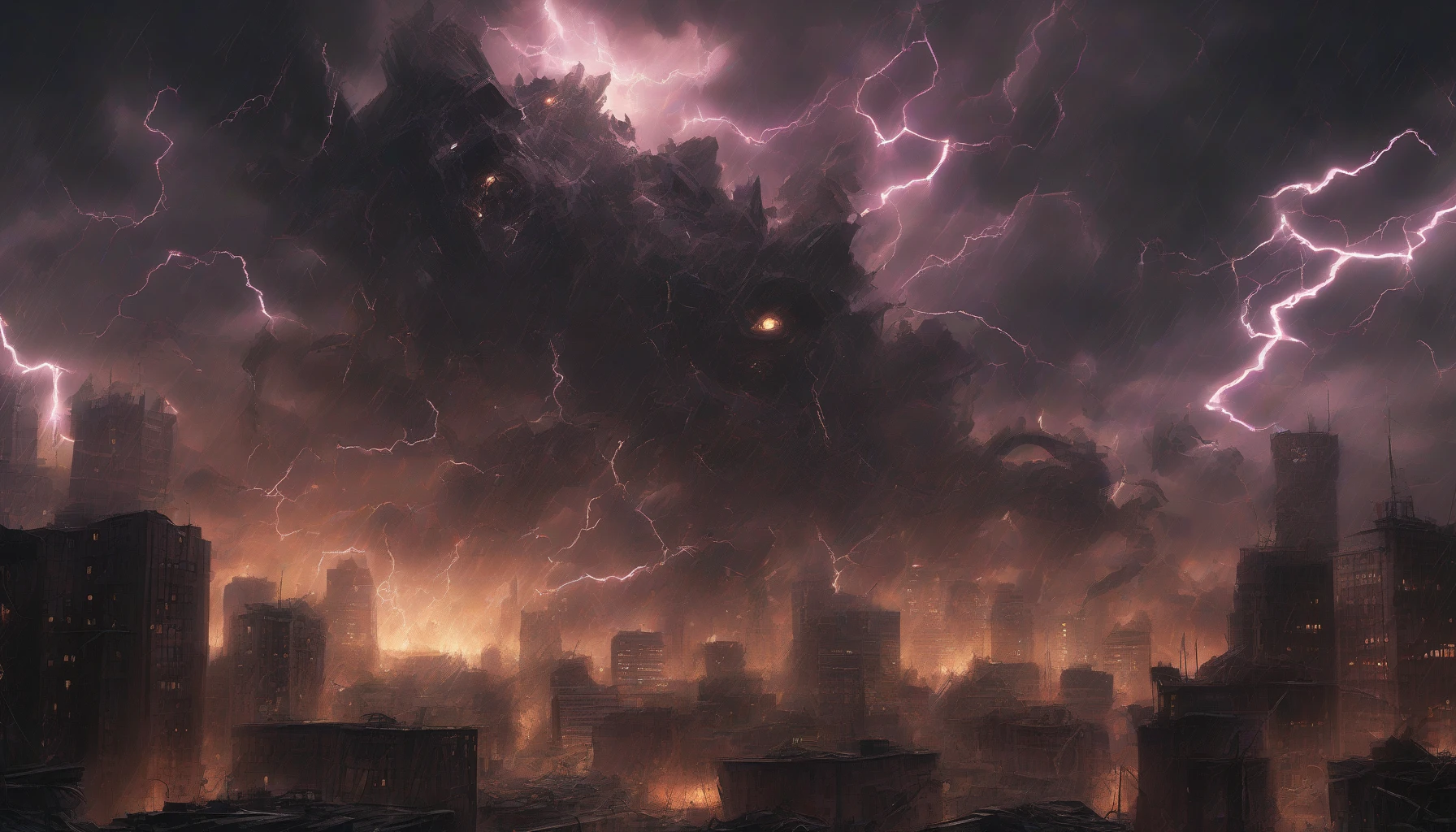 A formidable villain unleashes a cataclysmic shockwave, rippling through a desolate cityscape. Dark clouds swirl menacingly overhead, illuminated by flashes of lightning that echo the villain's malevolent laughter. Debris is sent flying as the ground trembles beneath the colossal force, while shadowy figures cower in fear. The scene is a chaotic blend of power and destruction, capturing the moment the villain's rage manifests into an unstoppable wave of energy.