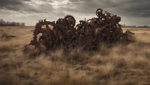 An eerie landscape unfolds where rusting machinery lies abandoned in a vast, desolate field. Sunlight cascades through drifting clouds, casting shadows on shattered metal and twisted gears. Weeds creep through the wreckage, reclaiming the land as nature reasserts its dominance. The air is thick with silence, broken only by the soft whispers of the wind, telling stories of a forgotten era.