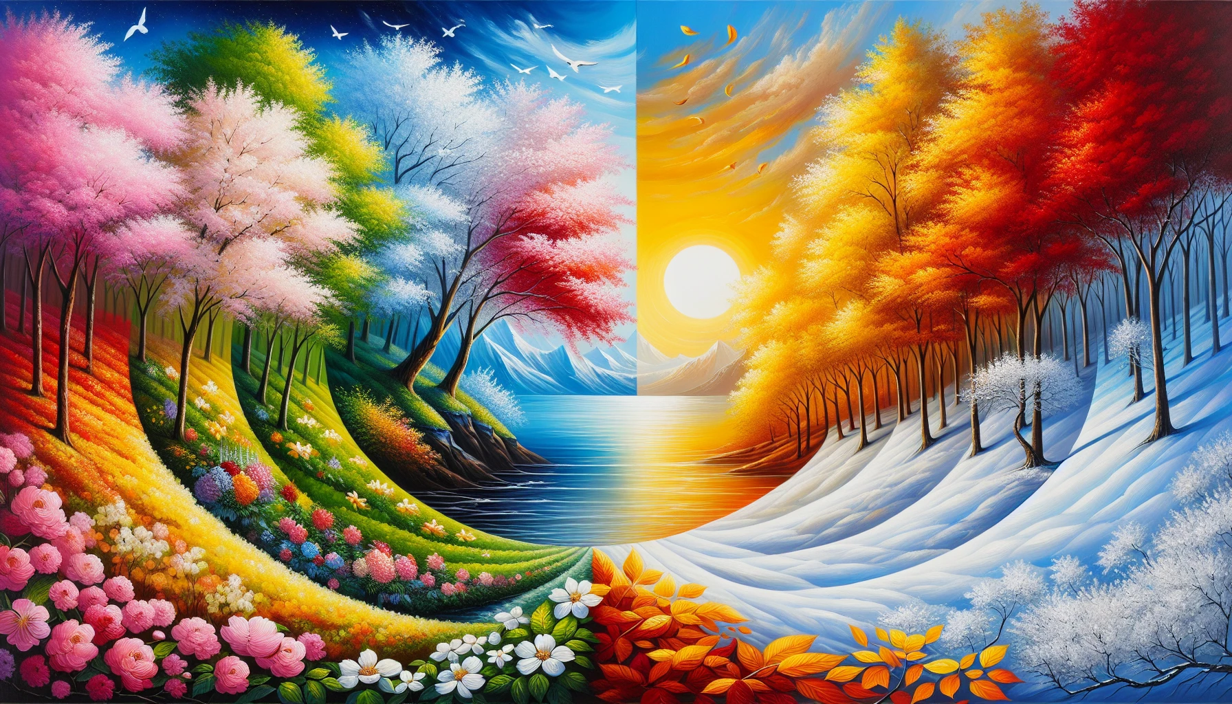 Imagine a vibrant landscape where each corner of the canvas represents a different season, seamlessly merging into one another. The top left bursts with spring's blooming flowers and soft pastels, while the top right glows with the golden hues of summer sun. Below, autumn's fiery leaves blend with winter's serene snow, creating a harmonious symphony of colors and textures that celebrate nature's ever-changing beauty.